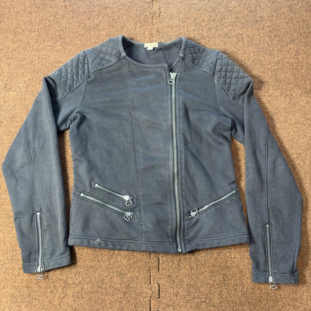 B- Rare Gap Womens Faded Black Quilted Shoulder Moto Jacket Sweatshirt Size M
